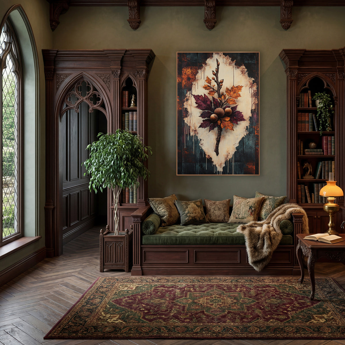Burgundy Oak Branch Botanical wall art in a moody dark academia room – oak branch with burgundy and amber leaves