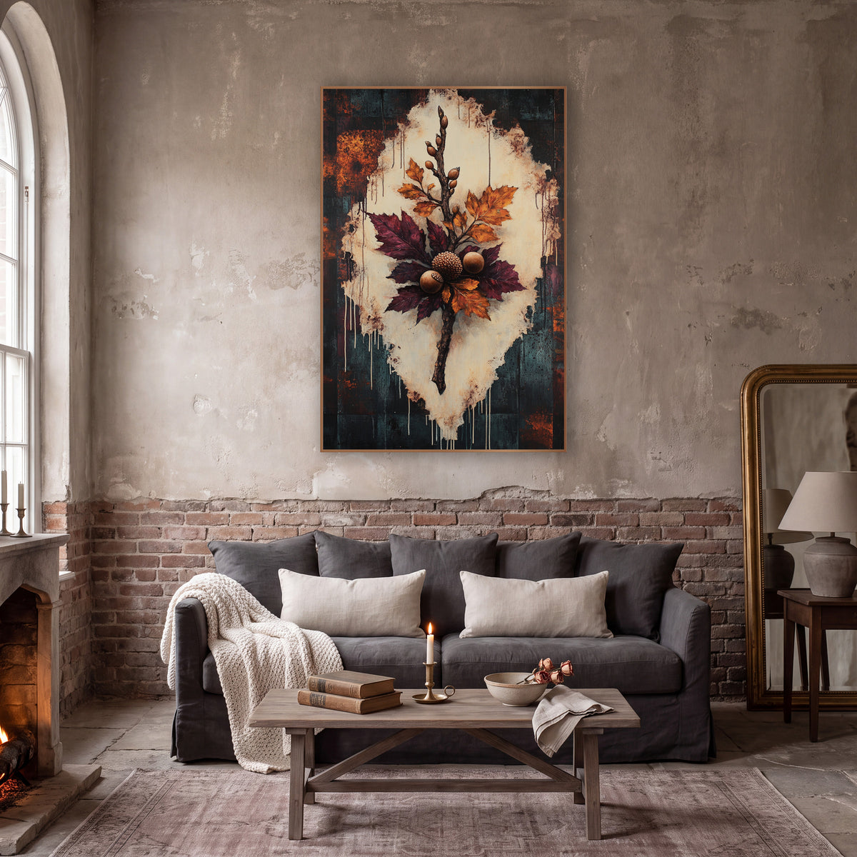 Burgundy Oak Branch Botanical wall art in a moody dark academia room – oak branch with burgundy and amber leaves