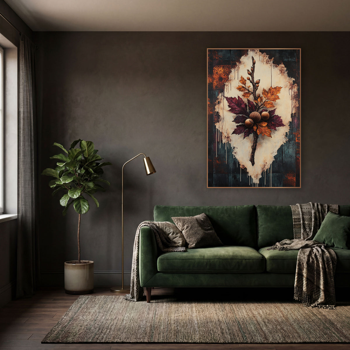 Burgundy Oak Branch Botanical wall art in a moody dark academia room – oak branch with burgundy and amber leaves
