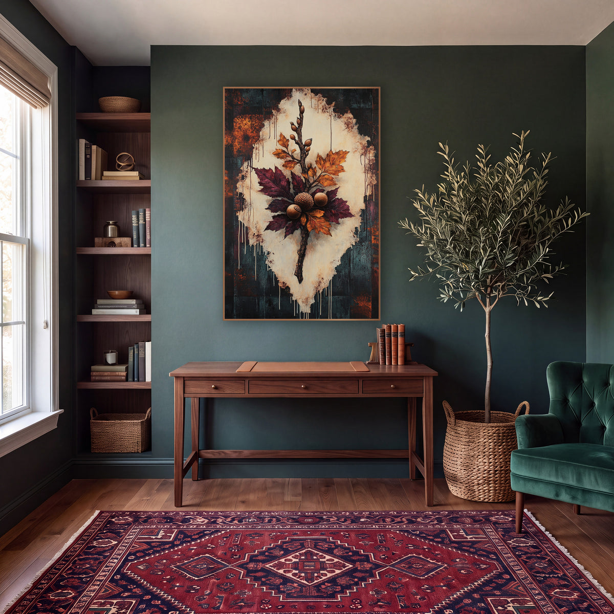 Burgundy Oak Branch Botanical wall art in a moody dark academia room – oak branch with burgundy and amber leaves