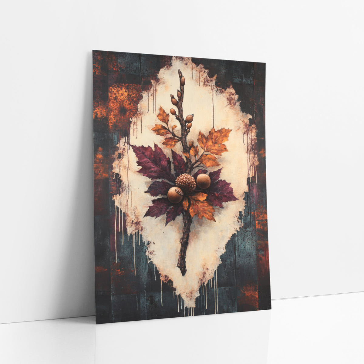 Burgundy Oak Branch Botanical art print leaning against a white wall – oak branch with burgundy and amber leaves and three