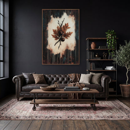 Rust Oak Leaf Acorn Botanical wall art in a moody dark academia room – rust-orange oak leaves and two brown acorns