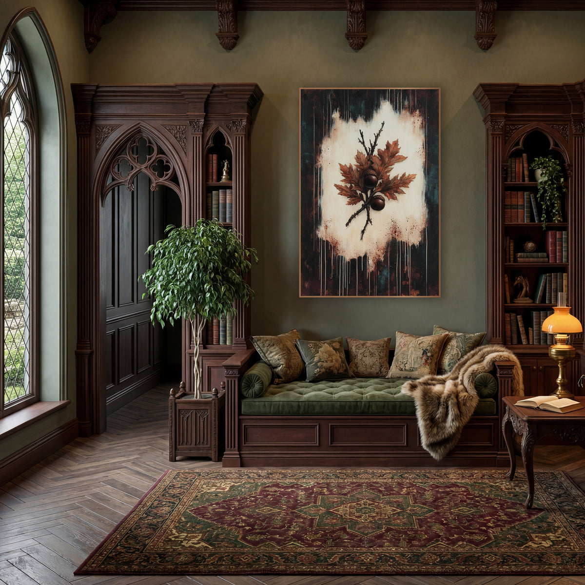 Rust Oak Leaf Acorn Botanical wall art in a moody dark academia room – rust-orange oak leaves and two brown acorns