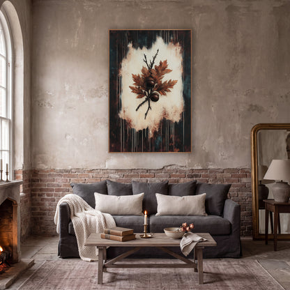 Rust Oak Leaf Acorn Botanical wall art in a moody dark academia room – rust-orange oak leaves and two brown acorns