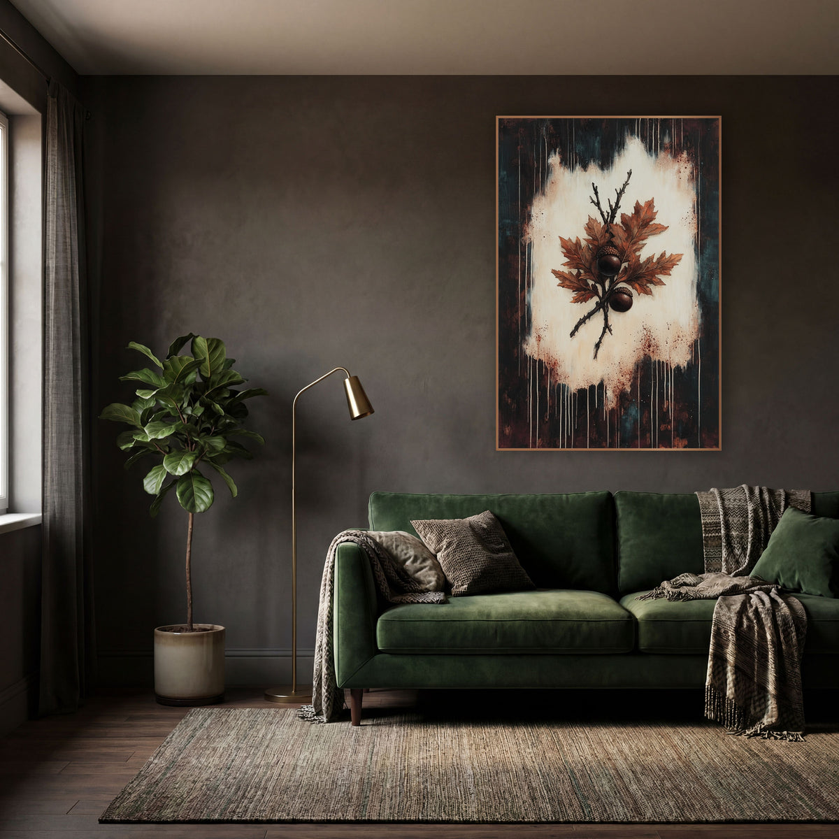 Rust Oak Leaf Acorn Botanical wall art in a moody dark academia room – rust-orange oak leaves and two brown acorns