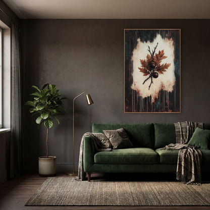 Rust Oak Leaf Acorn Botanical wall art in a moody dark academia room – rust-orange oak leaves and two brown acorns