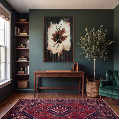 Rust Oak Leaf Acorn Botanical wall art in a moody dark academia room – rust-orange oak leaves and two brown acorns