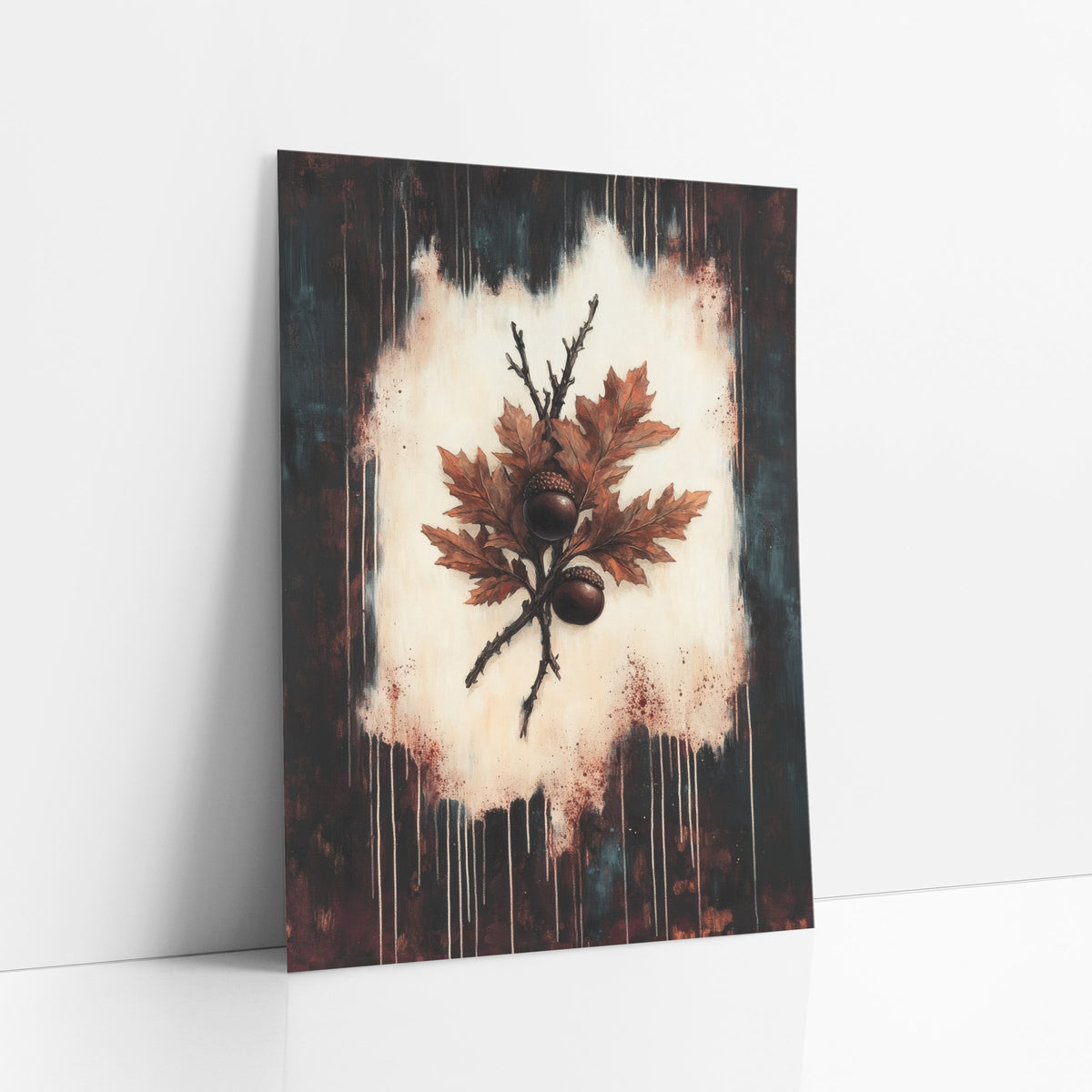 Rust Oak Leaf Acorn Botanical art print leaning against a white wall – rust-orange oak leaves and two brown acorns on a cream