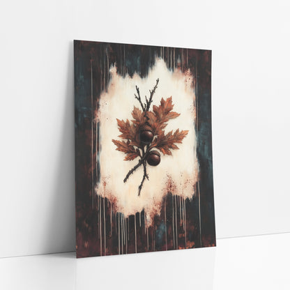 Rust Oak Leaf Acorn Botanical art print leaning against a white wall – rust-orange oak leaves and two brown acorns on a cream