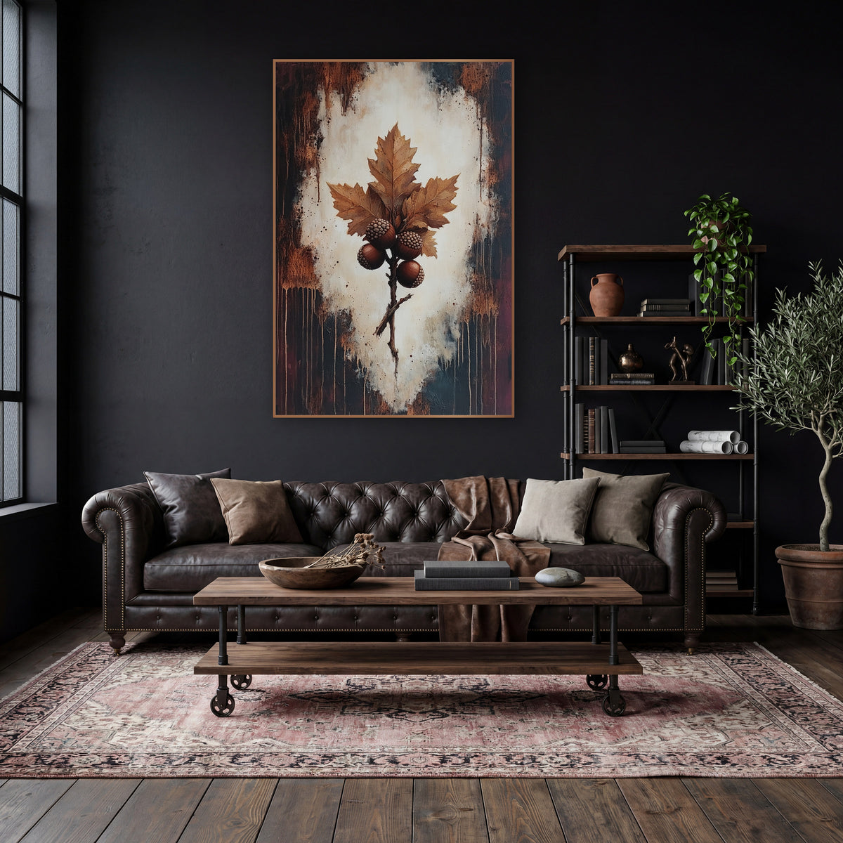 Oak Leaf and Acorns Dark Academia wall art in a moody dark academia room – oak leaves and four acorns on a twig, set