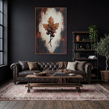 Oak Leaf and Acorns Dark Academia wall art in a moody dark academia room – oak leaves and four acorns on a twig, set