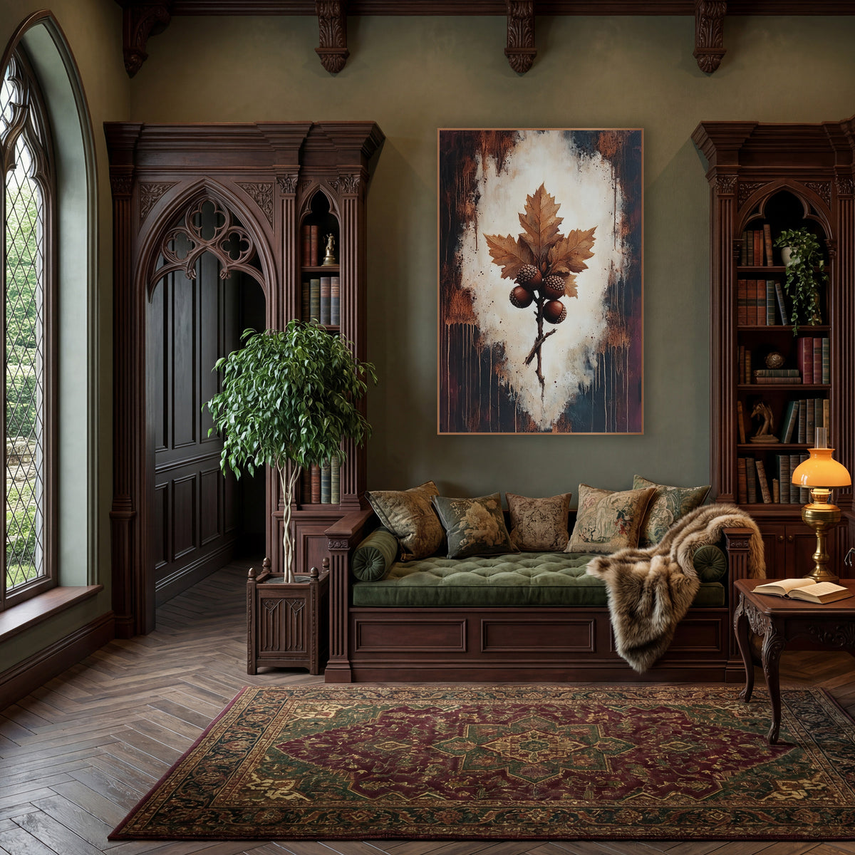 Oak Leaf and Acorns Dark Academia wall art in a moody dark academia room – oak leaves and four acorns on a twig, set