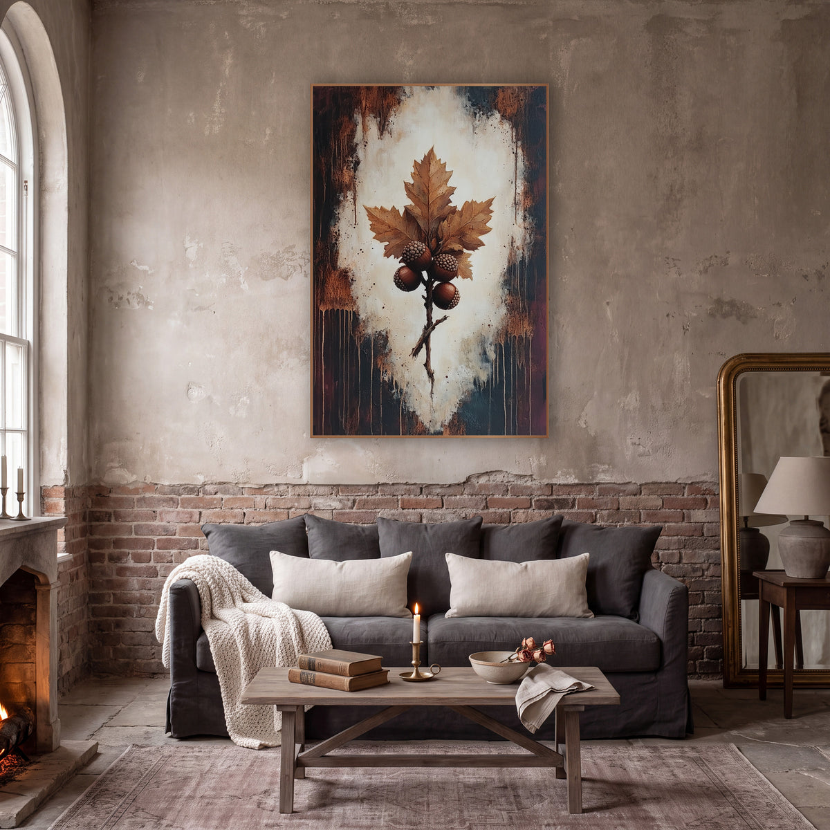 Oak Leaf and Acorns Dark Academia wall art in a moody dark academia room – oak leaves and four acorns on a twig, set
