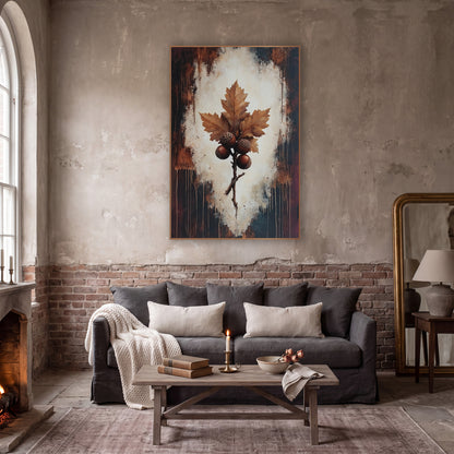 Oak Leaf and Acorns Dark Academia wall art in a moody dark academia room – oak leaves and four acorns on a twig, set
