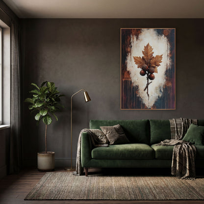 Oak Leaf and Acorns Dark Academia wall art in a moody dark academia room – oak leaves and four acorns on a twig, set