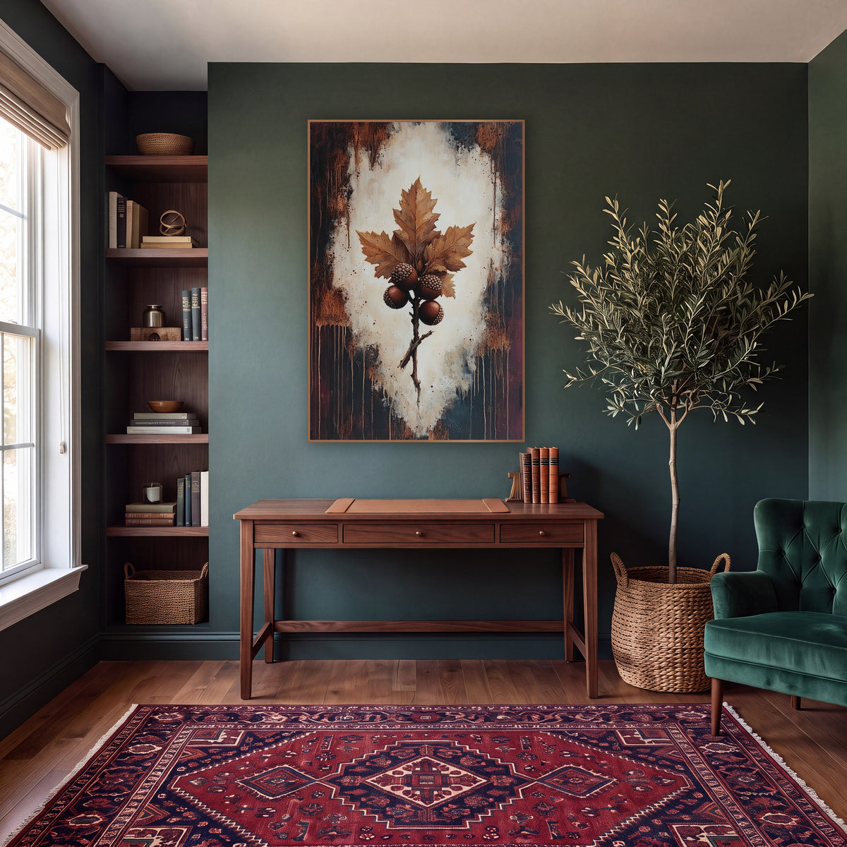 Oak Leaf and Acorns Dark Academia wall art in a moody dark academia room – oak leaves and four acorns on a twig, set