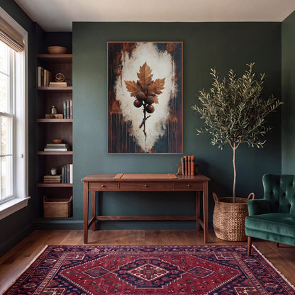 Oak Leaf and Acorns Dark Academia wall art in a moody dark academia room – oak leaves and four acorns on a twig, set