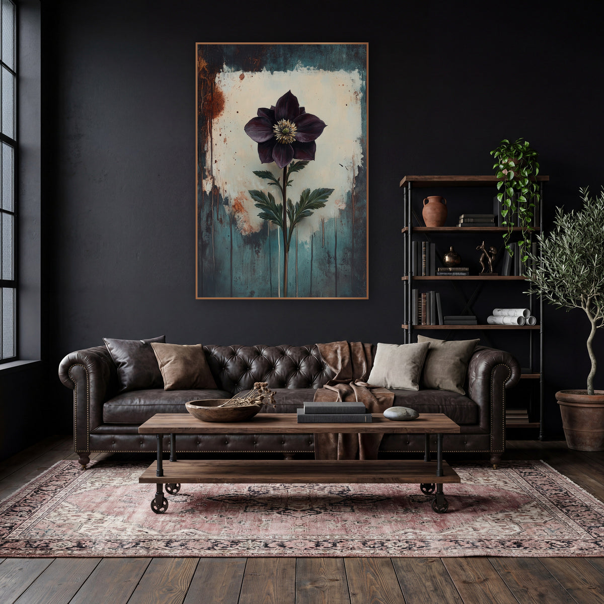 Upright Plum Hellebore Moody Botanical wall art in a moody dark academia room – single dark plum flower with pale