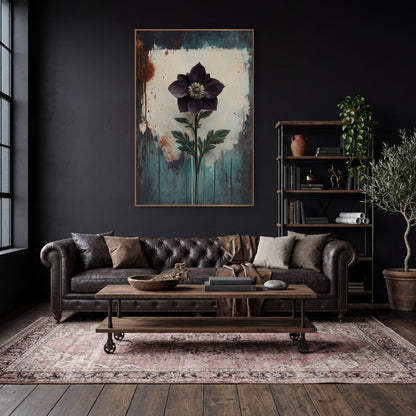 Upright Plum Hellebore Moody Botanical wall art in a moody dark academia room – single dark plum flower with pale