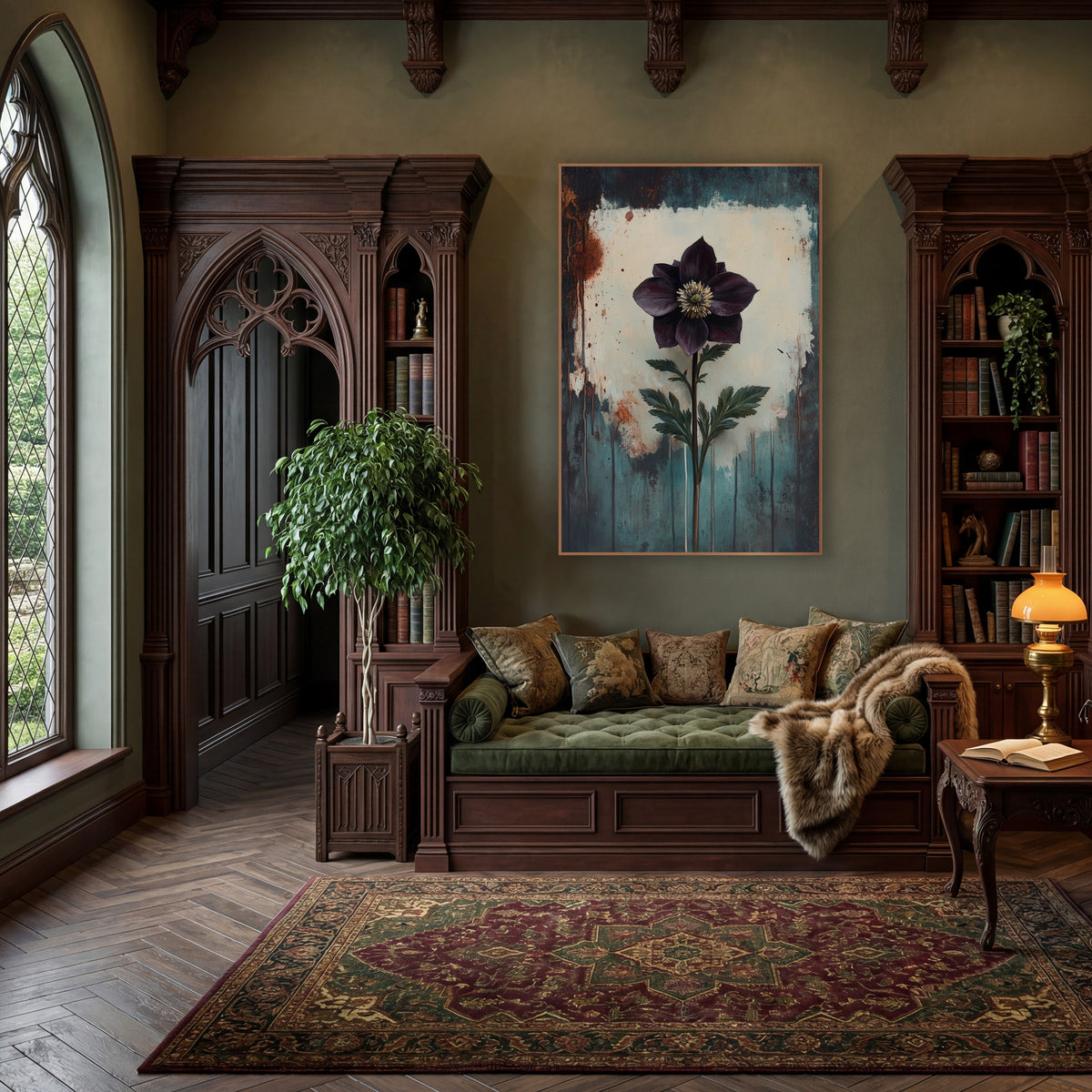 Upright Plum Hellebore Moody Botanical wall art in a moody dark academia room – single dark plum flower with pale