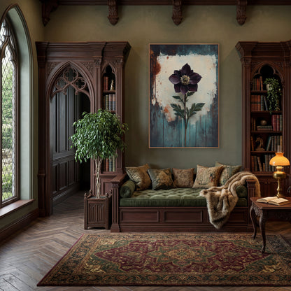 Upright Plum Hellebore Moody Botanical wall art in a moody dark academia room – single dark plum flower with pale