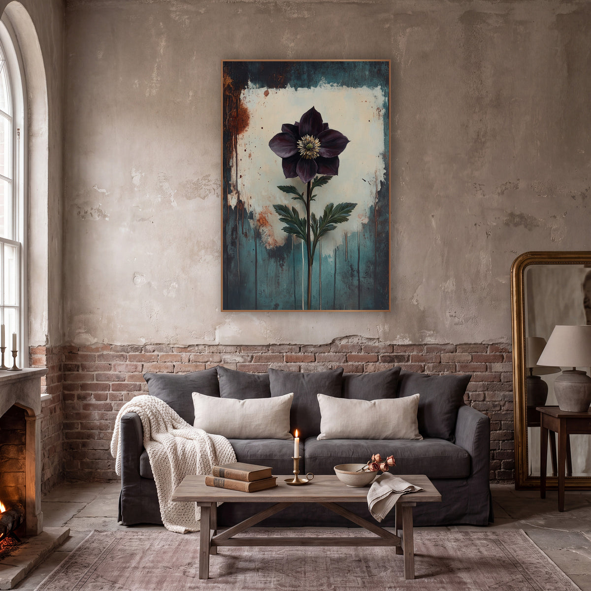 Upright Plum Hellebore Moody Botanical wall art in a moody dark academia room – single dark plum flower with pale