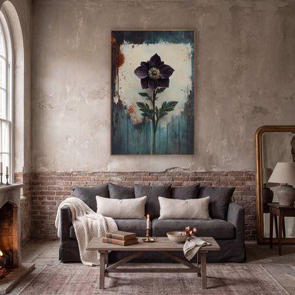 Upright Plum Hellebore Moody Botanical wall art in a moody dark academia room – single dark plum flower with pale