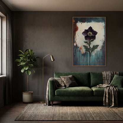 Upright Plum Hellebore Moody Botanical wall art in a moody dark academia room – single dark plum flower with pale