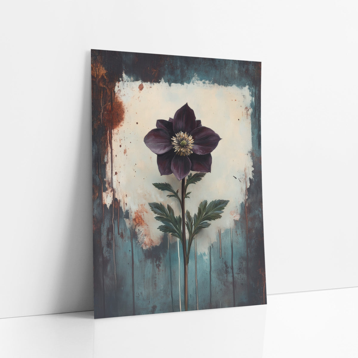 Upright Plum Hellebore Moody Botanical art print leaning against a white wall – single dark plum flower with pale yellow