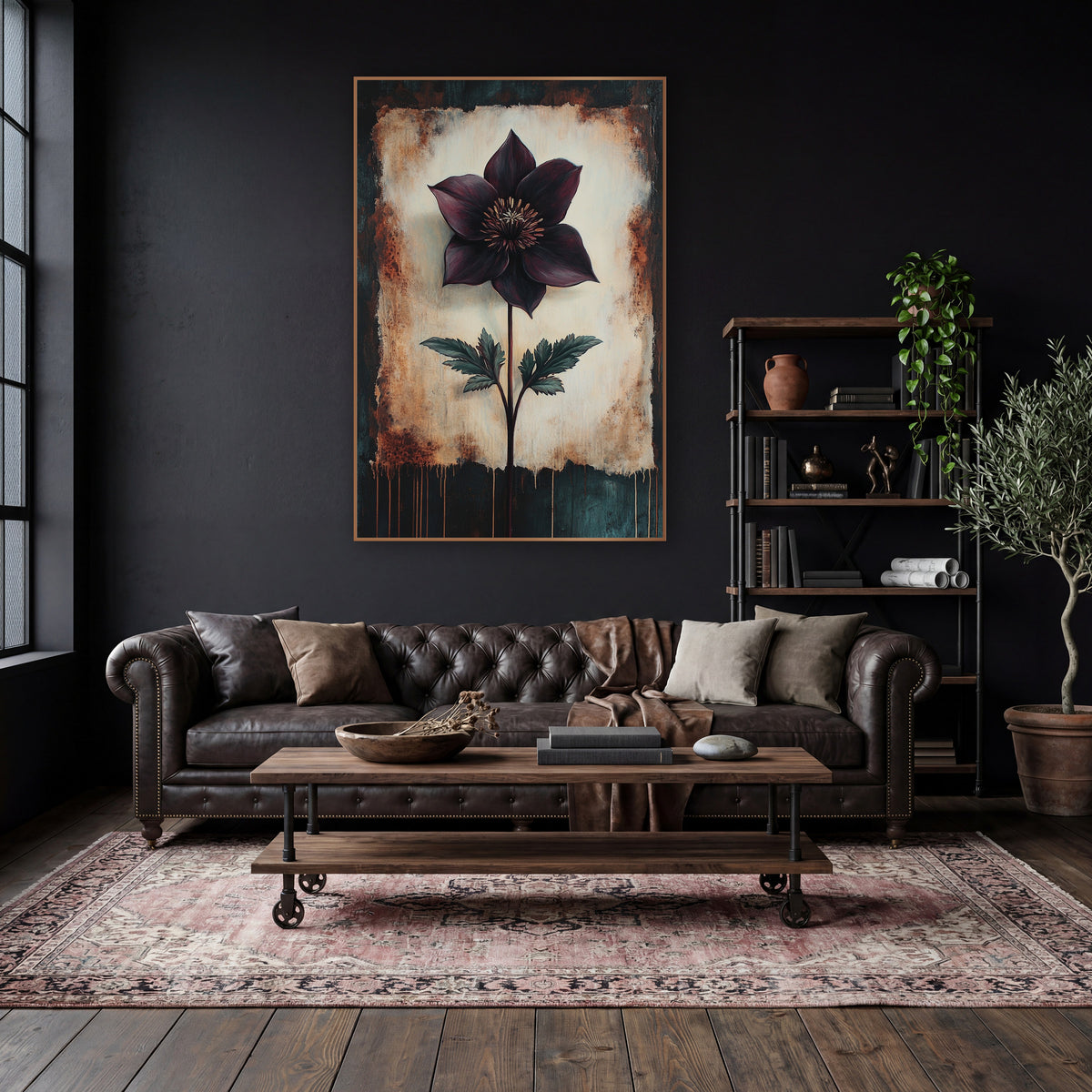 Torn Edge Hellebore Moody wall art in a moody dark academia room – single deep plum flower with golden center