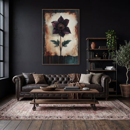 Torn Edge Hellebore Moody wall art in a moody dark academia room – single deep plum flower with golden center
