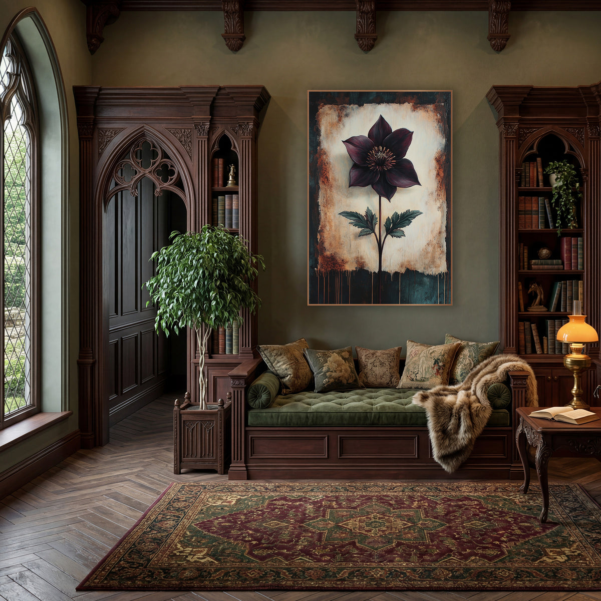 Torn Edge Hellebore Moody wall art in a moody dark academia room – single deep plum flower with golden center