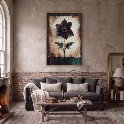 Torn Edge Hellebore Moody wall art in a moody dark academia room – single deep plum flower with golden center