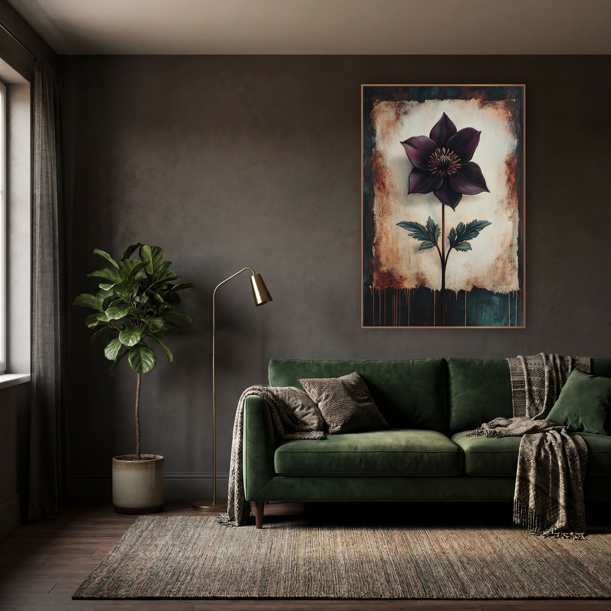 Torn Edge Hellebore Moody wall art in a moody dark academia room – single deep plum flower with golden center