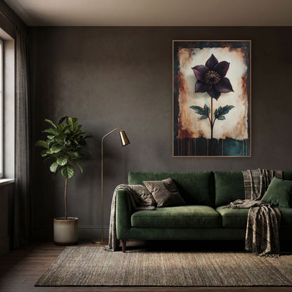 Torn Edge Hellebore Moody wall art in a moody dark academia room – single deep plum flower with golden center