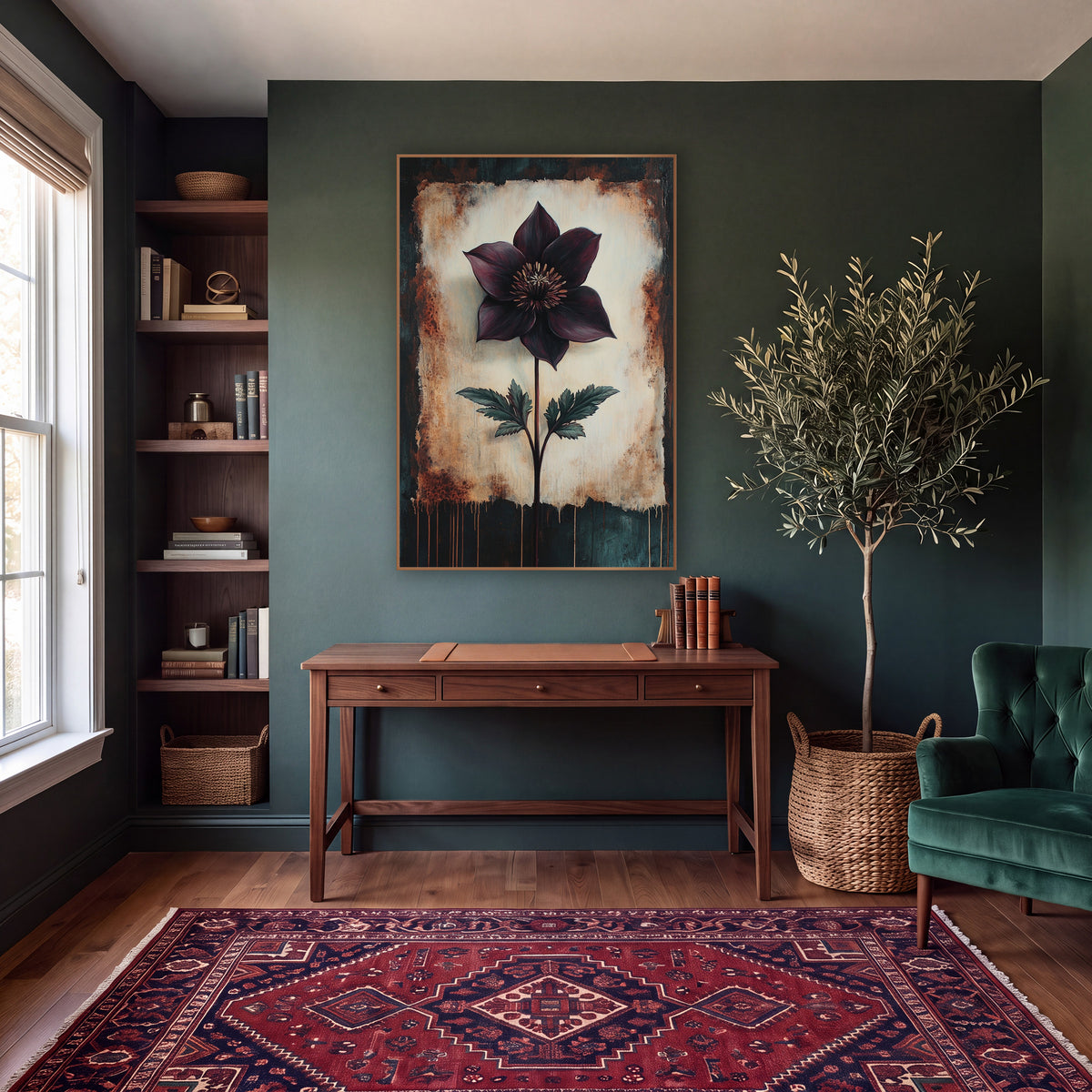 Torn Edge Hellebore Moody wall art in a moody dark academia room – single deep plum flower with golden center