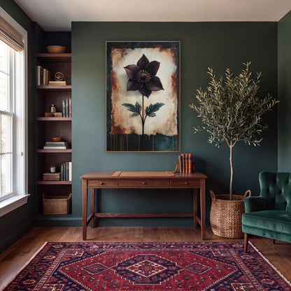 Torn Edge Hellebore Moody wall art in a moody dark academia room – single deep plum flower with golden center