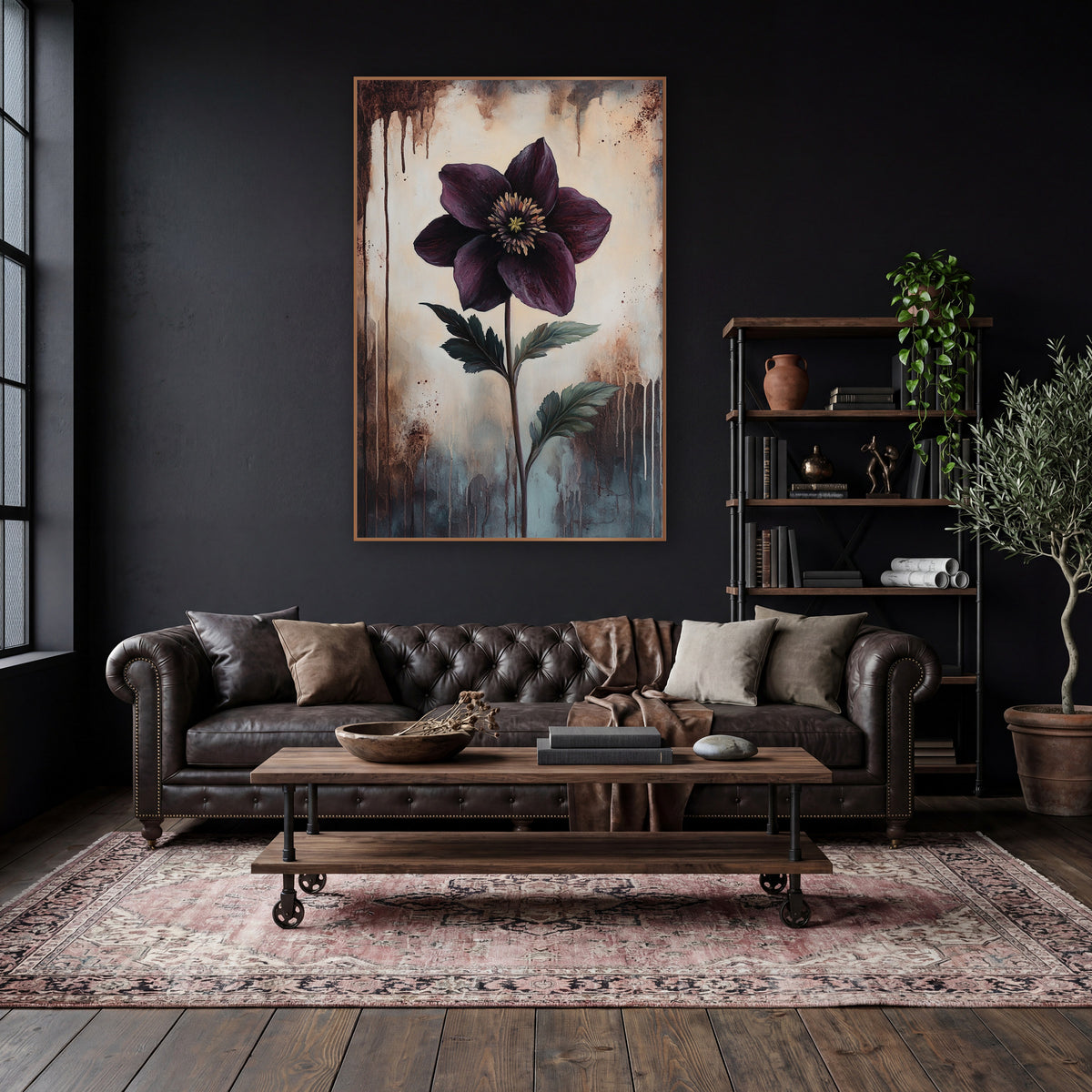 Leaning Hellebore Dusk Classic wall art in a moody dark academia room – deep plum hellebore flower with golden center