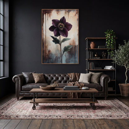 Leaning Hellebore Dusk Classic wall art in a moody dark academia room – deep plum hellebore flower with golden center