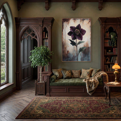 Leaning Hellebore Dusk Classic wall art in a moody dark academia room – deep plum hellebore flower with golden center