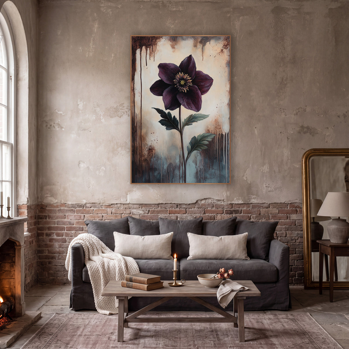 Leaning Hellebore Dusk Classic wall art in a moody dark academia room – deep plum hellebore flower with golden center