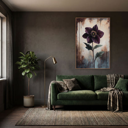 Leaning Hellebore Dusk Classic wall art in a moody dark academia room – deep plum hellebore flower with golden center