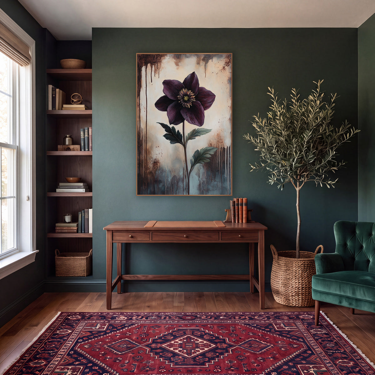 Leaning Hellebore Dusk Classic wall art in a moody dark academia room – deep plum hellebore flower with golden center