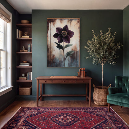 Leaning Hellebore Dusk Classic wall art in a moody dark academia room – deep plum hellebore flower with golden center