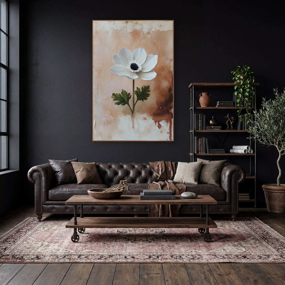 Blush Anemone Rust Drip Rustic wall art in a moody dark academia room – single white anemone with black center