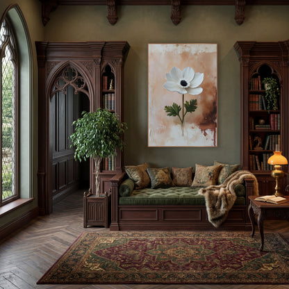 Blush Anemone Rust Drip Rustic wall art in a moody dark academia room – single white anemone with black center