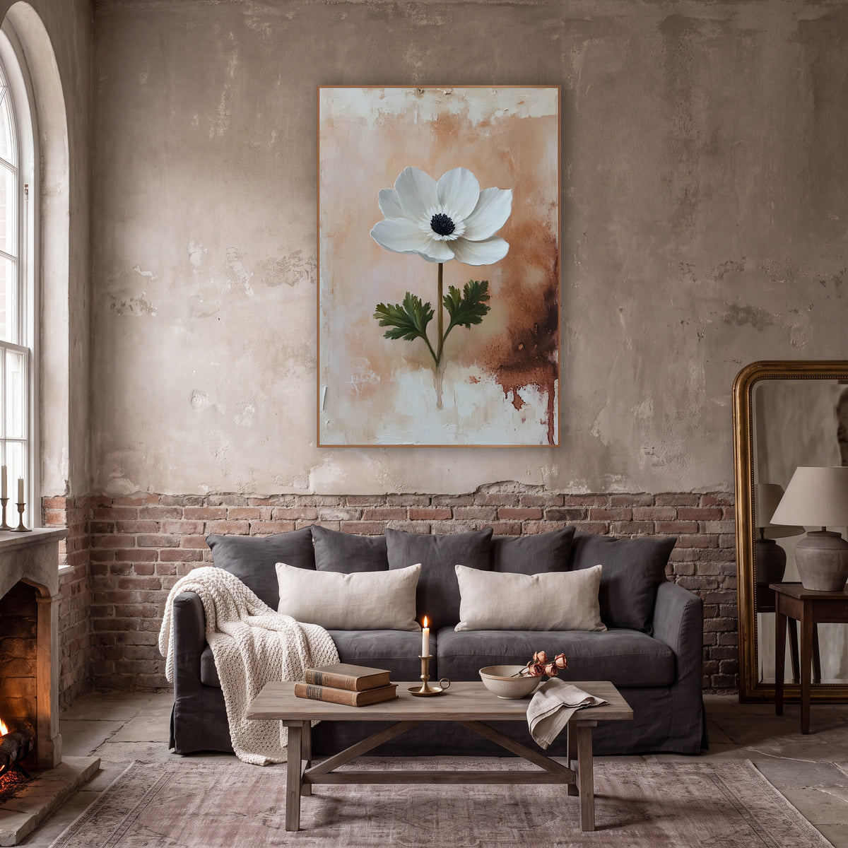 Blush Anemone Rust Drip Rustic wall art in a moody dark academia room – single white anemone with black center