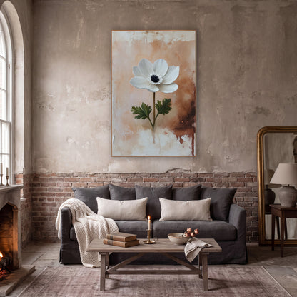 Blush Anemone Rust Drip Rustic wall art in a moody dark academia room – single white anemone with black center