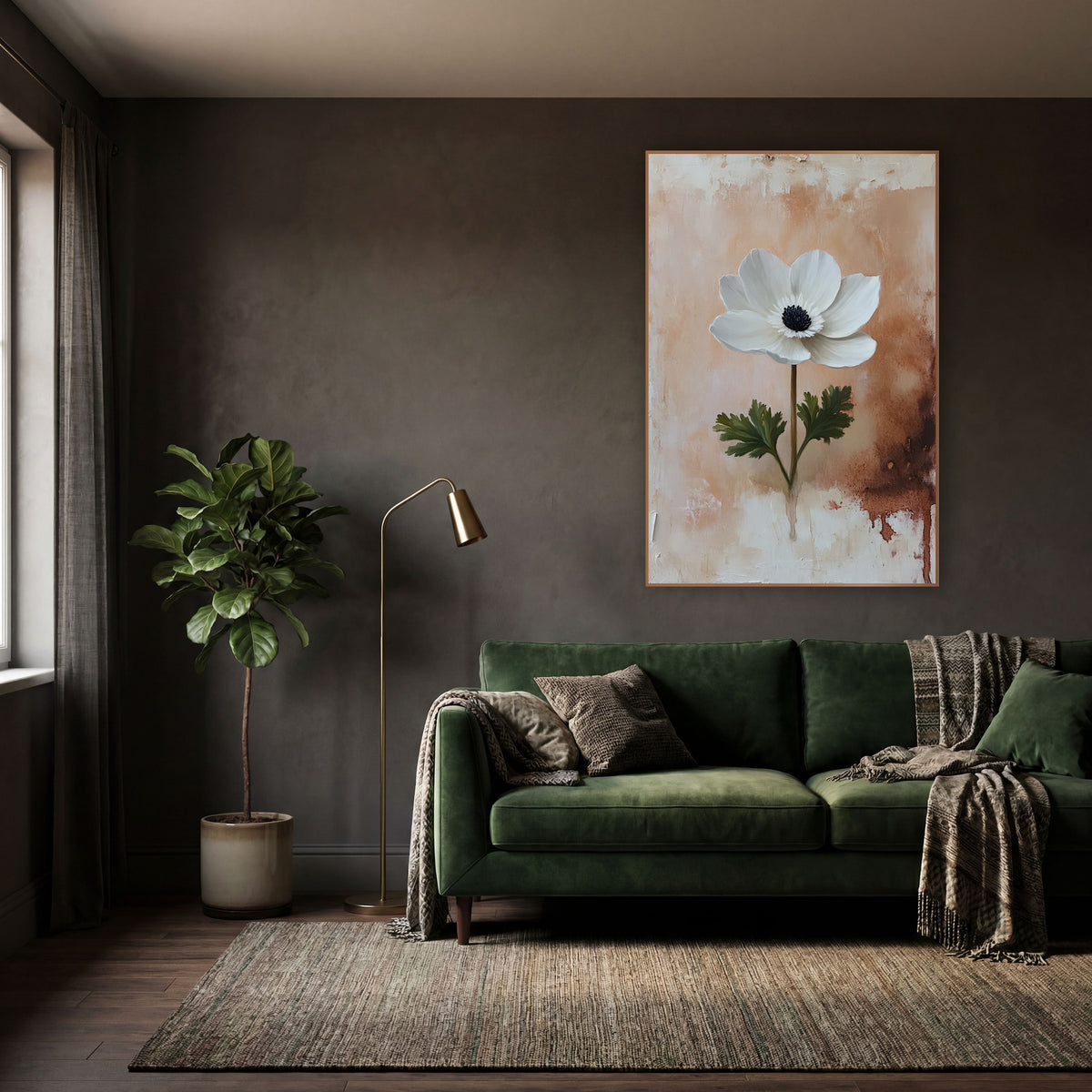 Blush Anemone Rust Drip Rustic wall art in a moody dark academia room – single white anemone with black center
