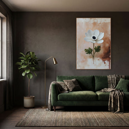 Blush Anemone Rust Drip Rustic wall art in a moody dark academia room – single white anemone with black center